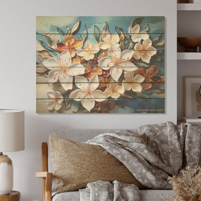 Plumeria blanc, art liquide, champ de fleurs - Art mural en bois sur bois de pin naturel