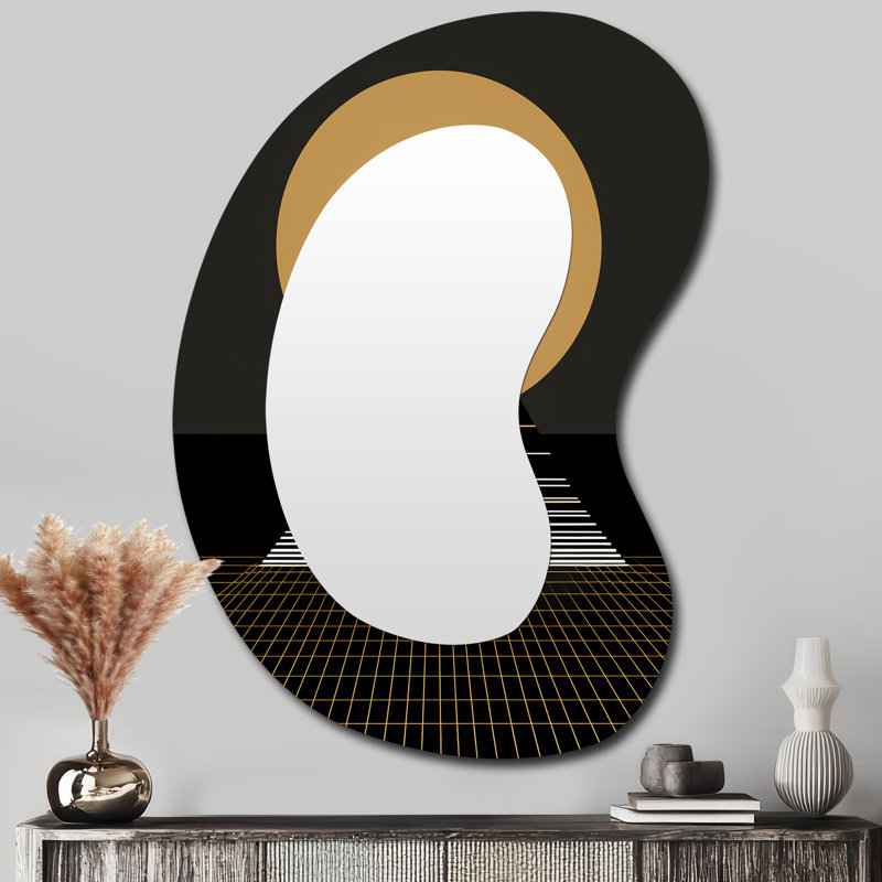 Franciose Minimal Gold Moon Mountain - Geometric Unique Shape Large Mirror, Modern Asymmetrical Unique Wall Mirror Decor, Printed Metal Art