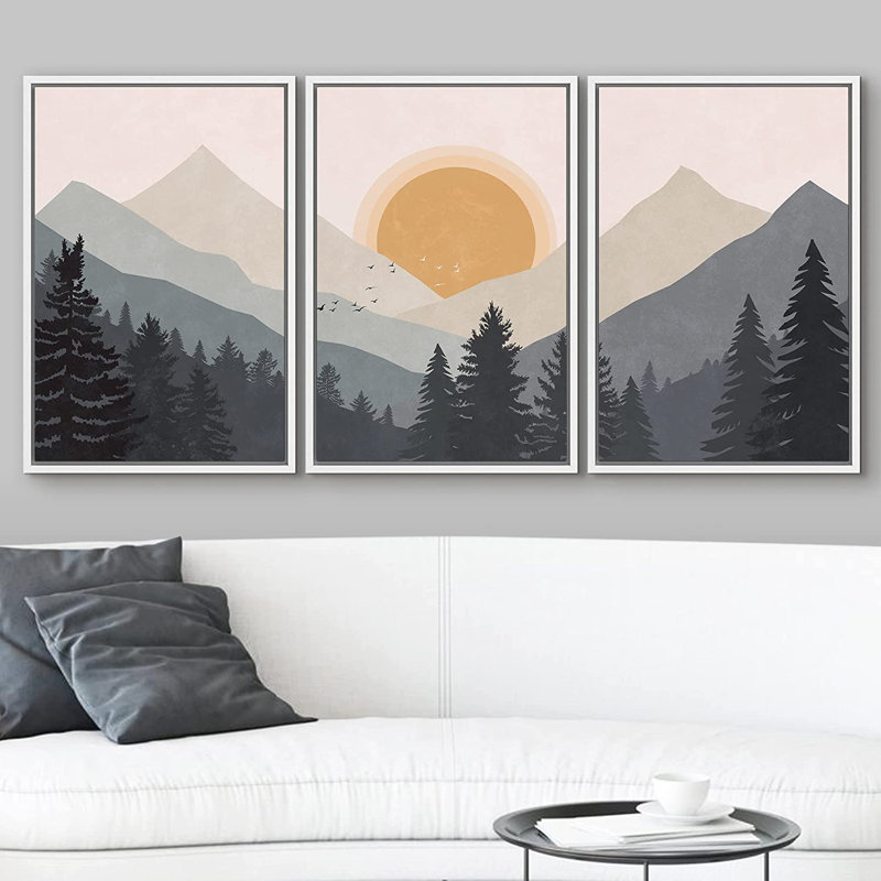 «Pastel Mountain Lake Reflection Abstract Nature», ensemble de 3 impressions, H 36 po x l 72 po, Toile avec cadre flottant