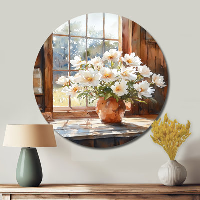 Kellon - pivoines sur cercle en métal, art mural traditionnel blanc en métal