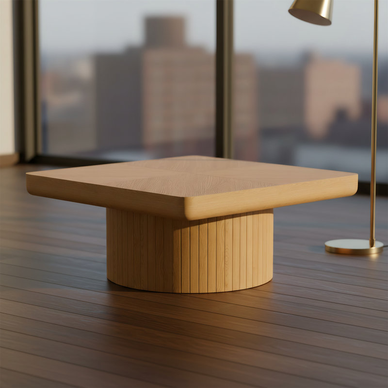 Table basse de salon 34,6 pouces avec conception lambrissée et base cylindrique, Natural