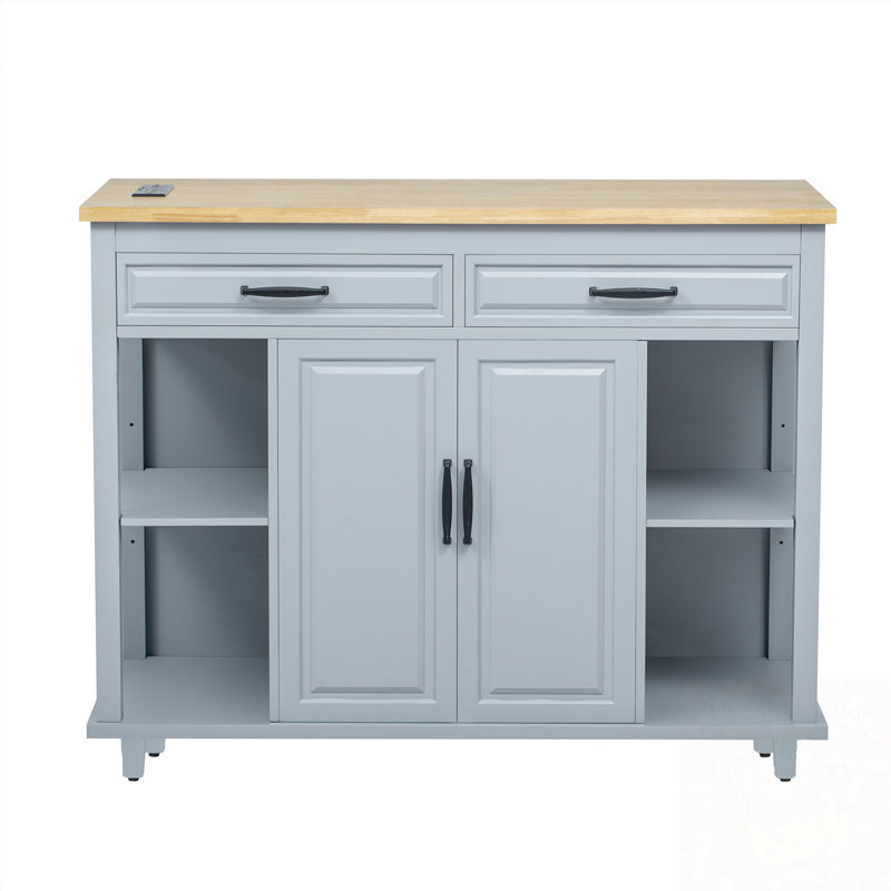 Kitchen Island With Storage Rack, Power Outlet, 2 Drawers And 2 Cabinet, Blue