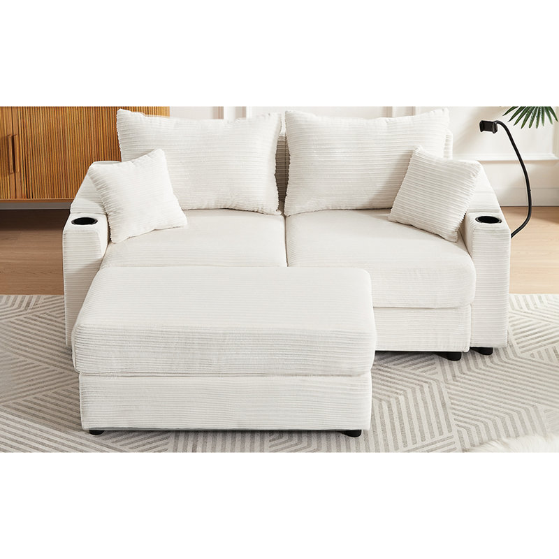 Canapé modulaire moderne en beige avec abris mobiles, porte-gobelets, porte-téléphone et rangement dissimulé 72,8 po