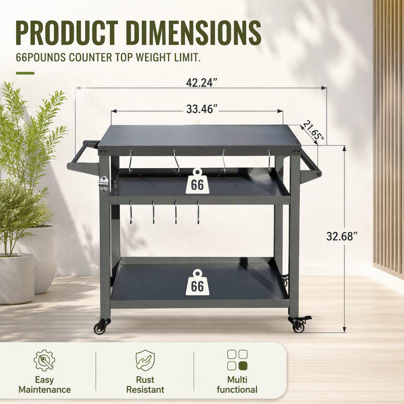 Table de barbecue extérieure à 3 tablettes avec roulettes, support pour four à pizza et crochet pour bouteille de propane pour une préparation et un rangement efficaces des grillades.