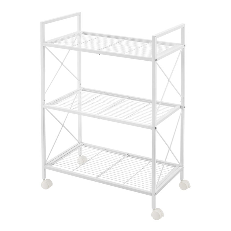 Étagère de rangement en métal à 3 niveaux avec roulettes, étagère en maille avec cadres latéraux en X, Blanc