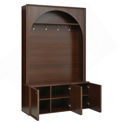 Farmhouse All-In-One Hall Tree With Adjustable Shelves, Retro Arched Entryway Storage Bench With 3 Cabinets, Wooden Coat Rack Organizer With 4 Golden Hooks For Mudroom, Hallway, Walnut
