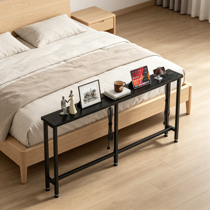 Sofa Table With Built-In Power Strip - 4 AC Outlets & 4 USB Ports, 4.9Ft Power Cord, Metal Frame, Easy Assembly For Behind Couch, Hallway, Living Room, Home Office