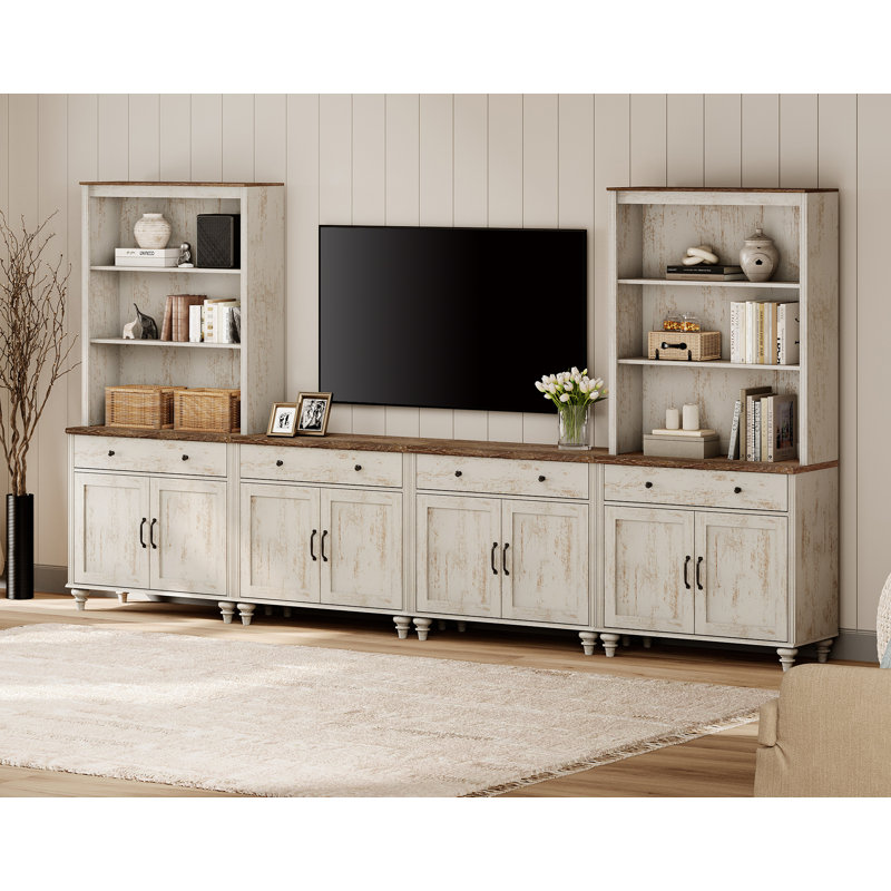 Locklin Farmhouse TV Stand With Bookshelves For, Modern Entertainment Center With Storage Cabinet, TV Console For Living Room, Bedroom