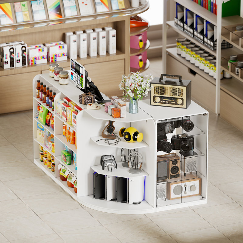L-shaped Reception Desk With 3 Drawers & Glass Display Cabinet, Retail Counter Front Desk Reception Counter With Cabinet