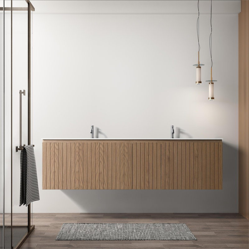 Capot - 5n 72 po X P 19,80 po P 20,00 po Meuble-lavabo mural H en bois naturel avec double lavabo blanc