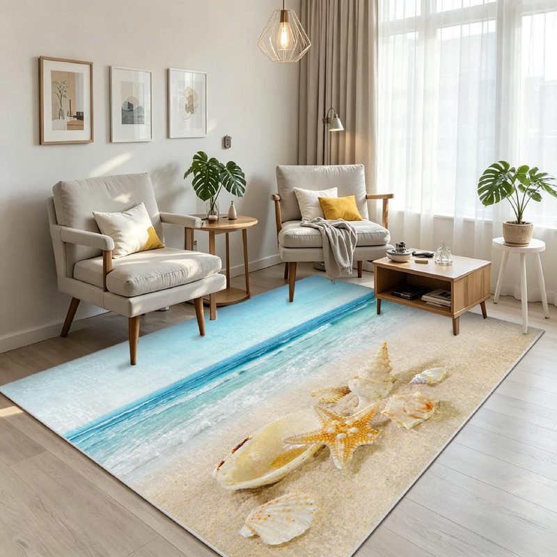 Tapis bleu coquillages bleus Sandy Beach Seashell Sea Summer Water Calm Coast Conch Day Exotic, Rectangle 71 po x 98 po
