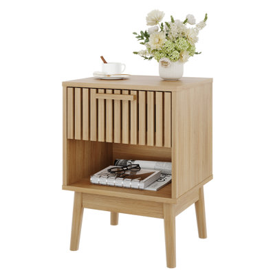 Boho Striped Compact Wood Nightstand with Drawer & Open Storage Shelf, Small MDF End Side Table for Bedroom Living Room Apartment Dorm