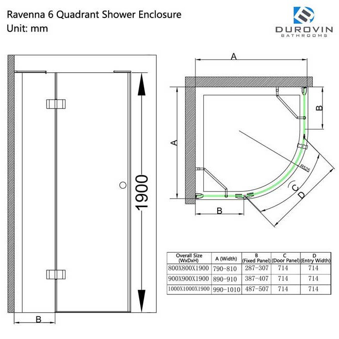 Durovin Bathrooms 800 x 800mm Quadrant Frameless Shower Enclosure - Hinged Door Corner Entry - 8mm Safety Clear Glass