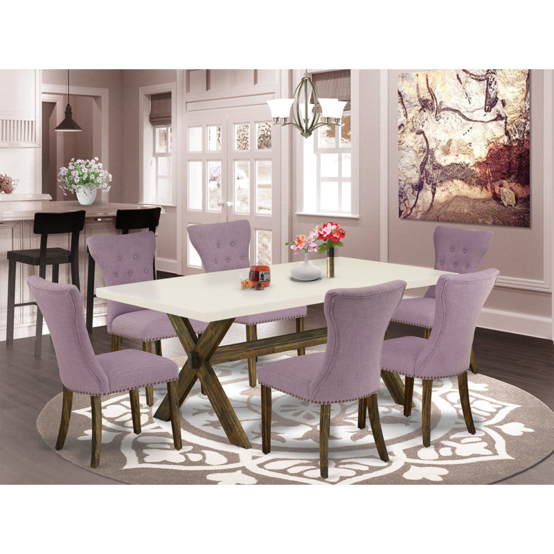 7 Piece Kitchen Table Set Consist of a Rectangle Dining Table with X-Legs and 6 Dahlia Linen Fabric Parson Dining Room Chairs, Distressed Jacobean