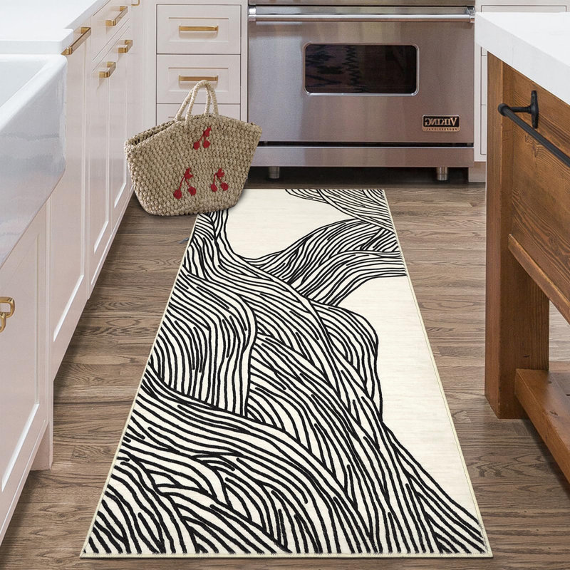 Rectangle Striped Washable Area Rug, Black, Runner 60 x 230 cm