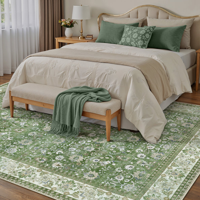  Kitty Machine Washable Oriental Area Rug with Non-Slip Backing, Rectangle 9' x 12', Light Green