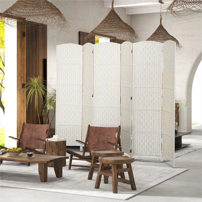 Poplar wood folding privacy screen with diamond rattan weave in crisp white, creating a bright room partition for stylish space division