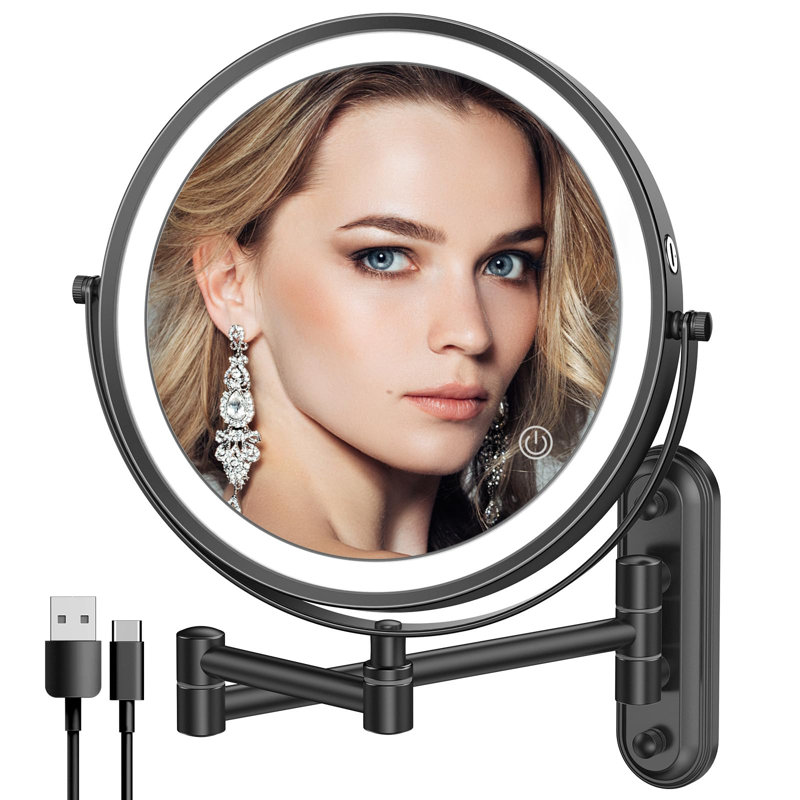 Rechargeable Lighted Wall Mounted Makeup Mirror With 3 Colour Lights,Dimmable Touch Screen,8 Inch LED Double Sided 1X/10X Magnifying 360°Flexible 13 Inch Retractable
