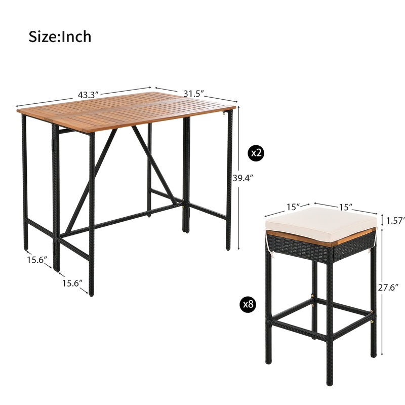 10-Piece Outdoor Bar Height Table And Eight Stools With Cushions, High-Dining Bistro Set