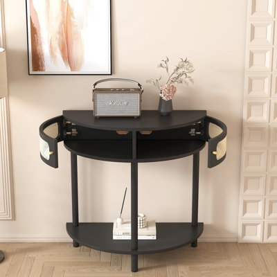 Half Round Side Table With Doors And Wood Shelf Triangle Legs, Great For Bedroom Or Living Room Unique Moon Design End Sliding Door, Accent Versatile Placement In Home