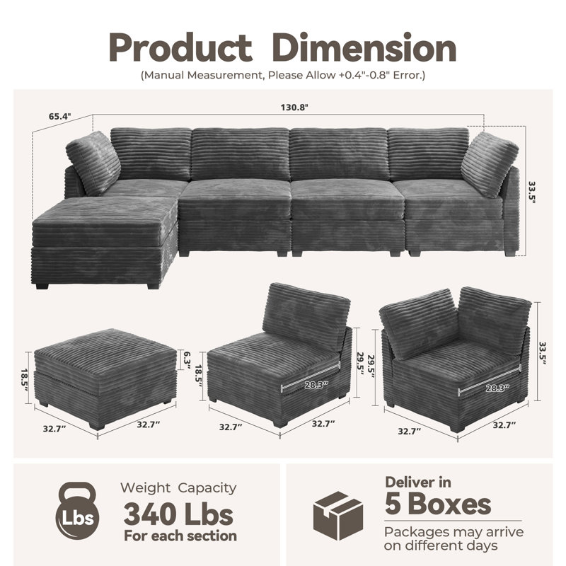 Cloudelle 5 - Piece Corduroy Fabric Sectional, Gray Corduroy