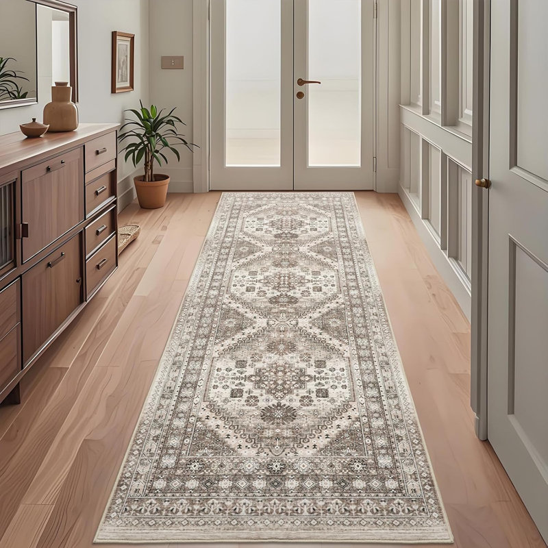 Medallion Non Slip Washable Rug(Brown), Runner 3' x 10'