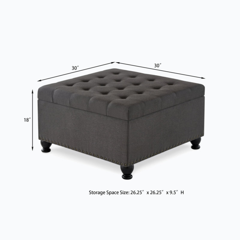 Dark Gray Tufted Linen Square Cocktail Ottoman with Wooden Legs