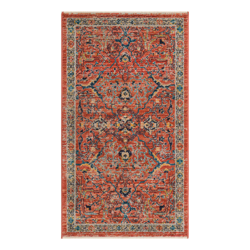 Tapis rouge brique à motif floral Alkire, Rectangle 2 pi 11 po x 5 pi 3 po