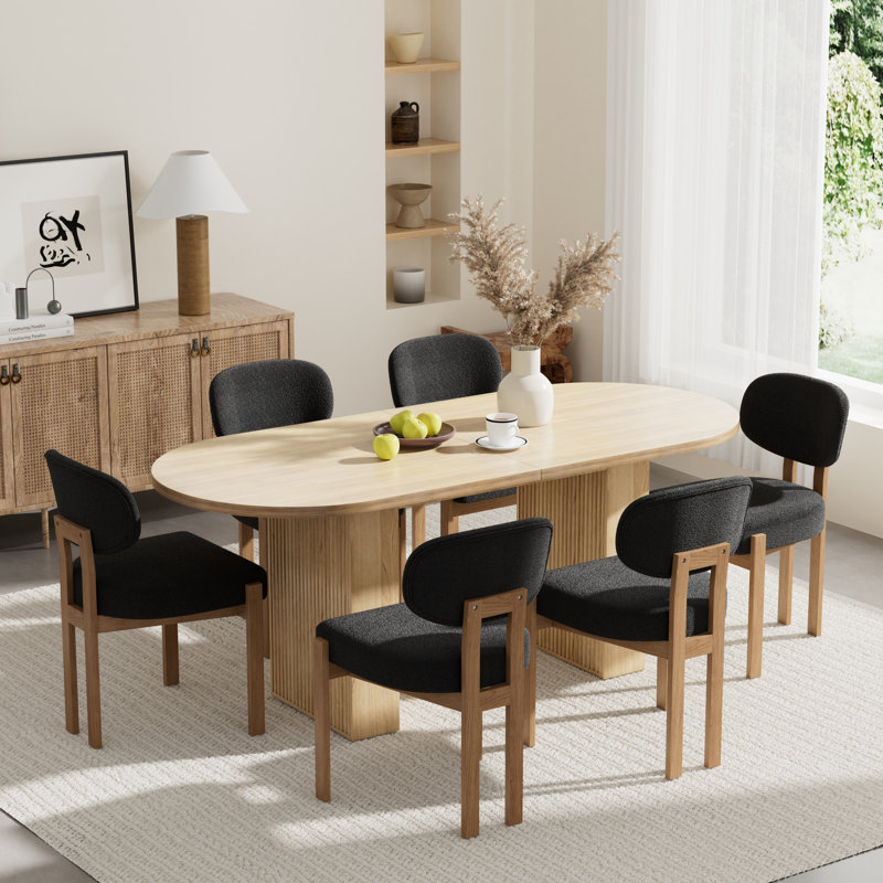 Oval Double Pedestal Kitchen Table Sets, 7 Pieces: Table, 6 Chairs, Black, Natural