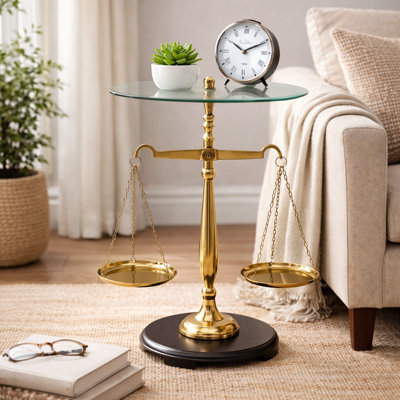 Accent Table | Decorative Nickel Finish Aluminum Balance Libra Table with Glass Top | 16x16x24"| Unique Side Table for Living Room Decor