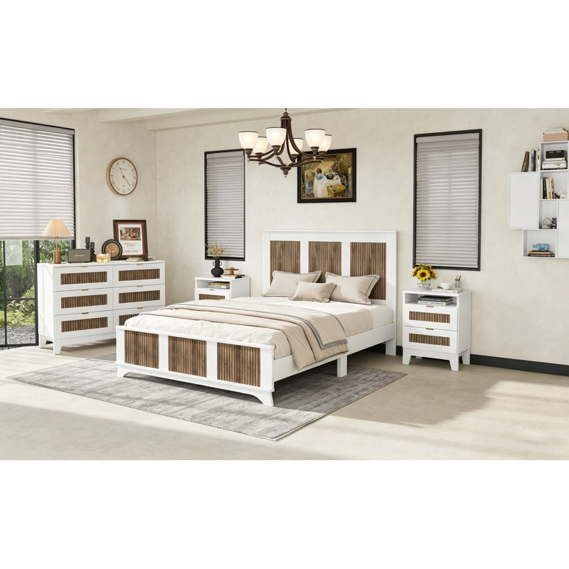 Ensemble de chambre avec grand lit 4 pièces avec autocollants en bois, table de chevet et commode avec poignées en métal, blanc