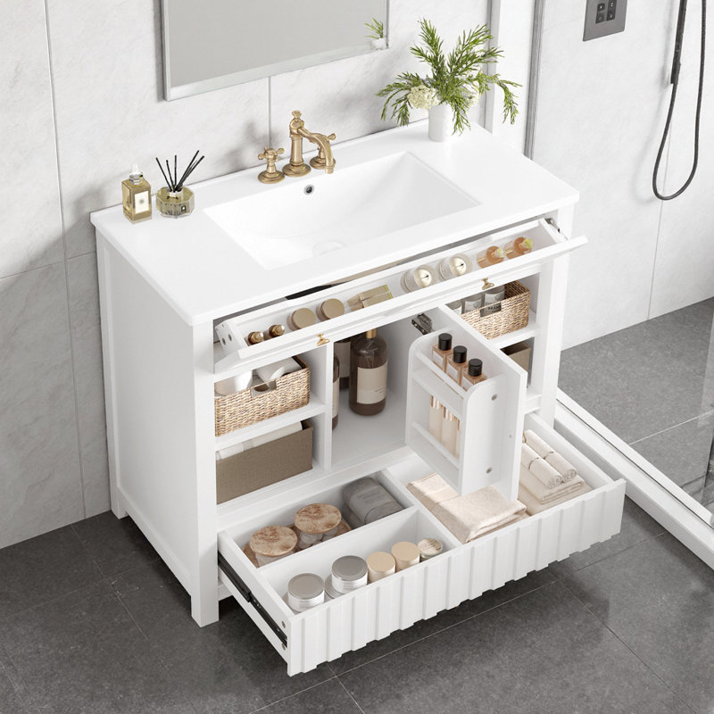 Meuble-lavabo vintage vert avec lavabo, tiroir et tablettes intégrées - 36 po, Blanc