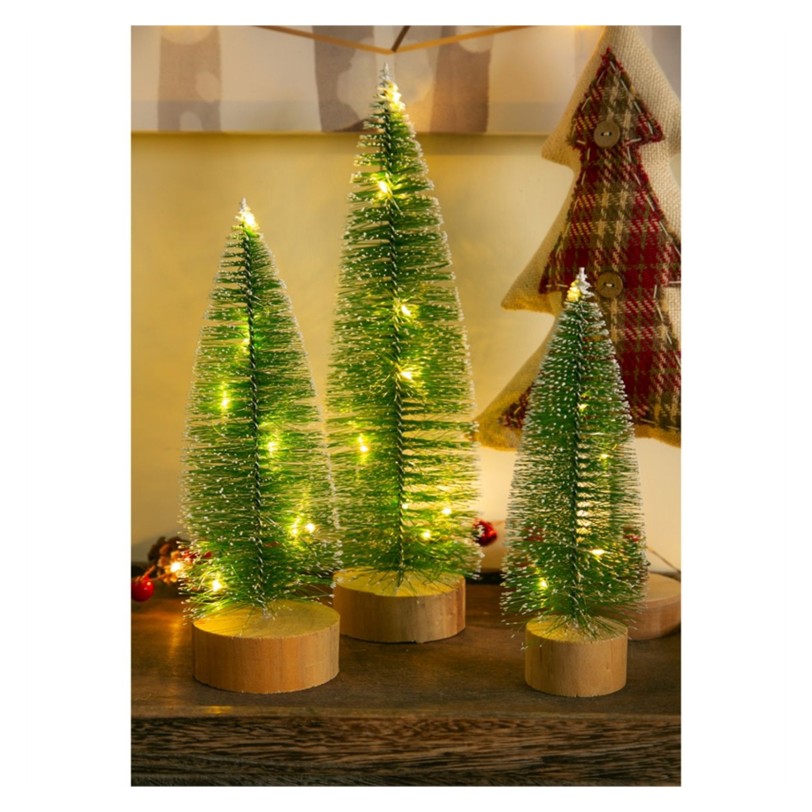 White Tipped Snow Covered LED Bottlebrush Trees, 3 Trees