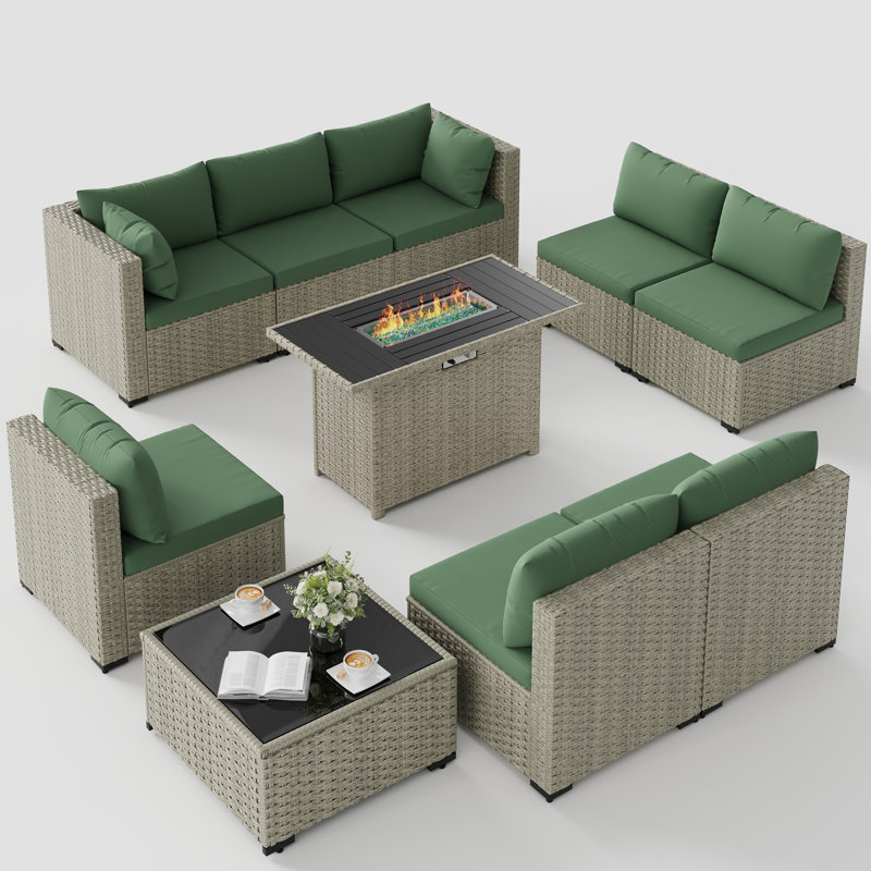 9 Pieces Design-Oriented Rattan Patio Conversation Sets With Fire Pit, Green