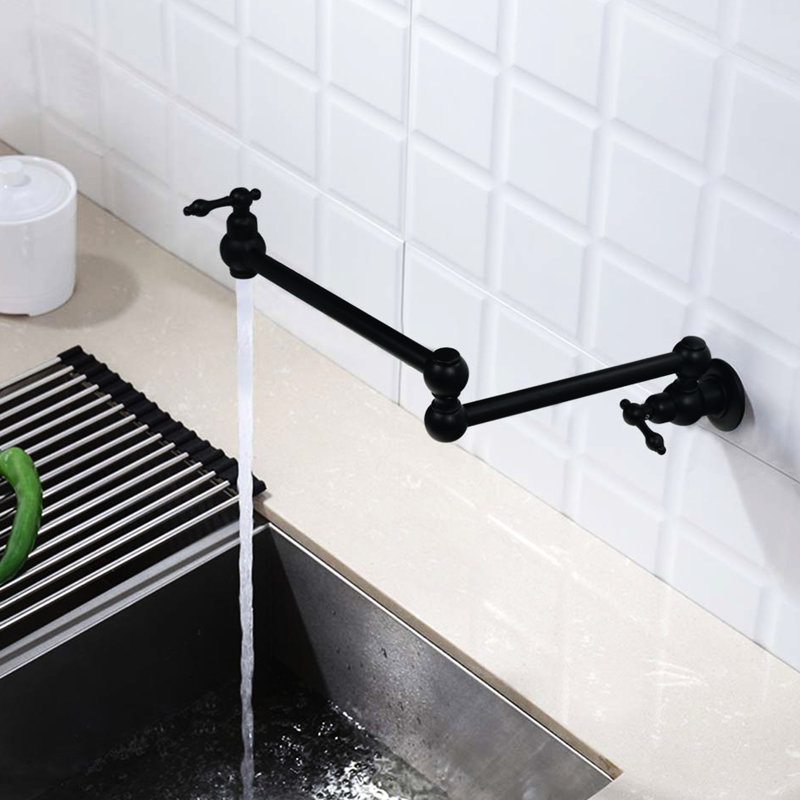 Pot Filler Faucet Wall Mount Matte Black, Double Jointed Swing Arms, Scratch-, Rust-, 100% Brass For Construction Black Faucet, Scratch , Rust Exposure