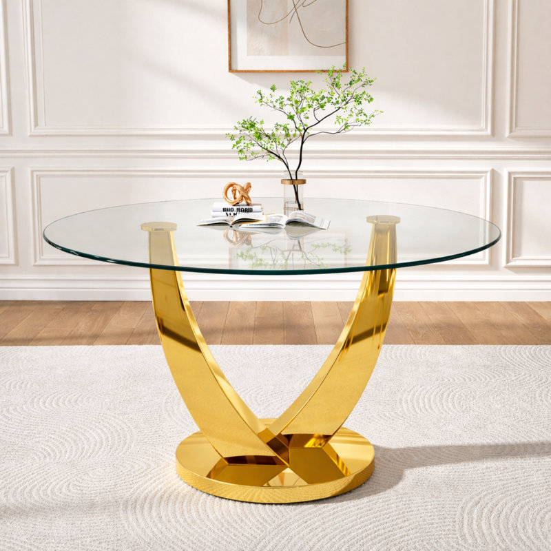 47.2" Round Glass Dining Table, Modern Round Clear Glass Kitchen Table, Tempered Glass Top with Gloss Stainless Steel Base, Space Saving and Easy to Maintain