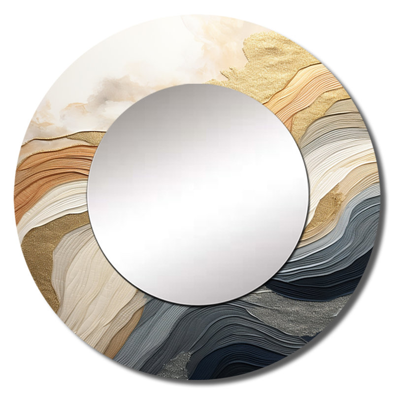«Romeesa» blanc et bleu côtier vagues fusion - miroir mural unique formes abstraites, miroir rond blanc, impression d'art en métal