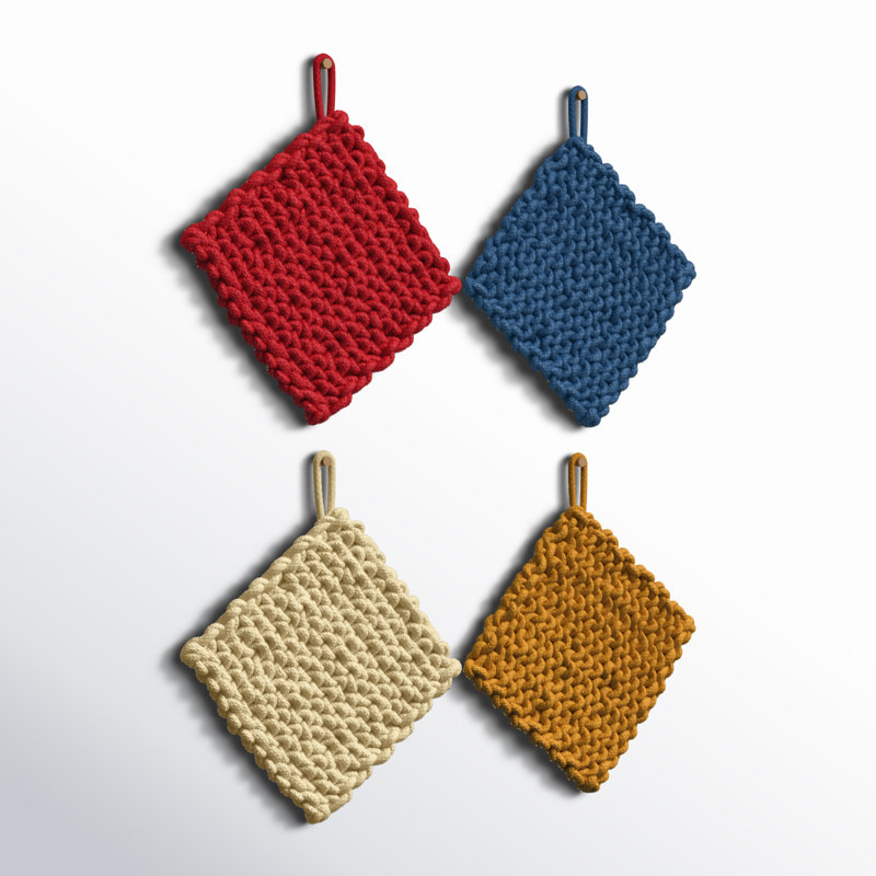 4-Piece Cotton Crocheted Potholders, Red/Blue/Cream/Mustard