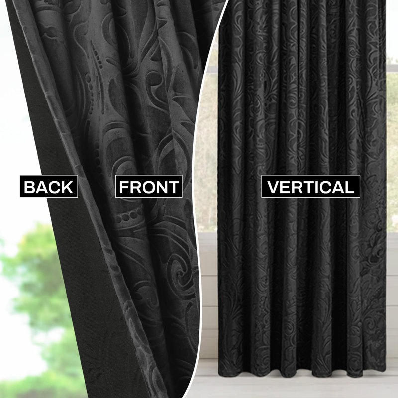 Luxury Crushed Velvet Color Block Curtains Floral Damash Pattern Thicken Thermal Isolate Light Blocking Window Drapes, Black