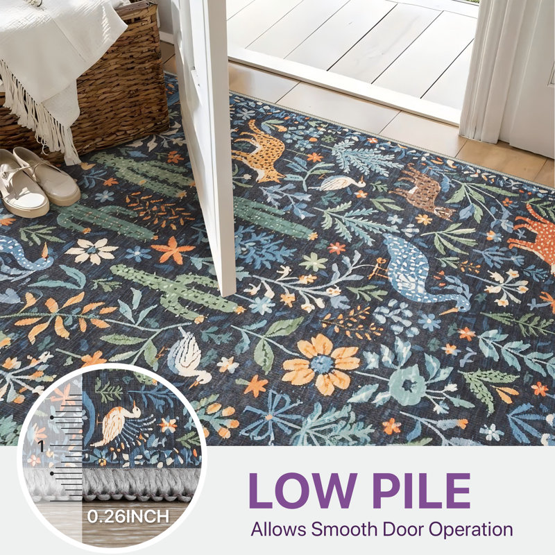 Tavaris Midnight Forest Folk Art Animals & Botanical Kids Area Rug, Machine Washable, Inspired Faux Wool - High-Rebound Foam & Non-Slip Backing