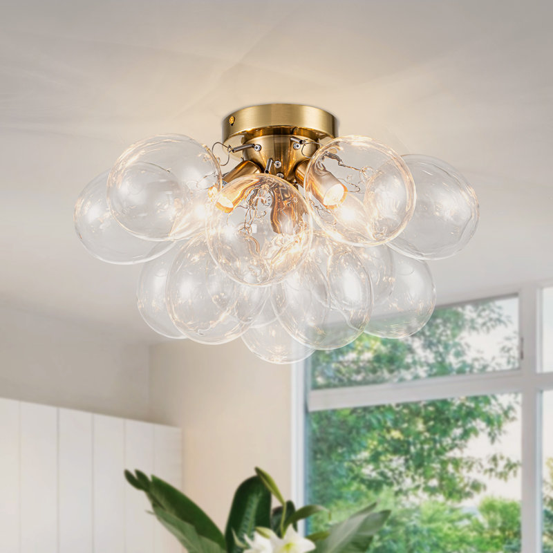 Ahona 3 - Light Dimmable Semi Flush Mount With 13 Clear Glass Bubble Ball, Gold