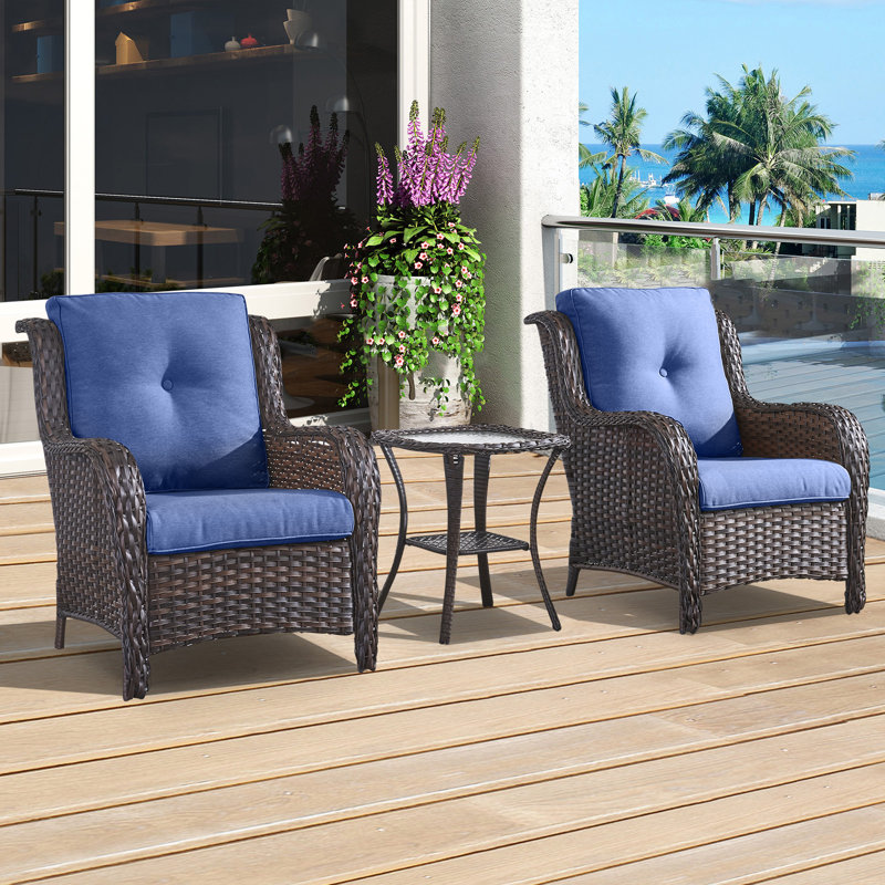 Schutt Wicker 2 - Person Patio Conversation Set with Cushions, Blue, Brown