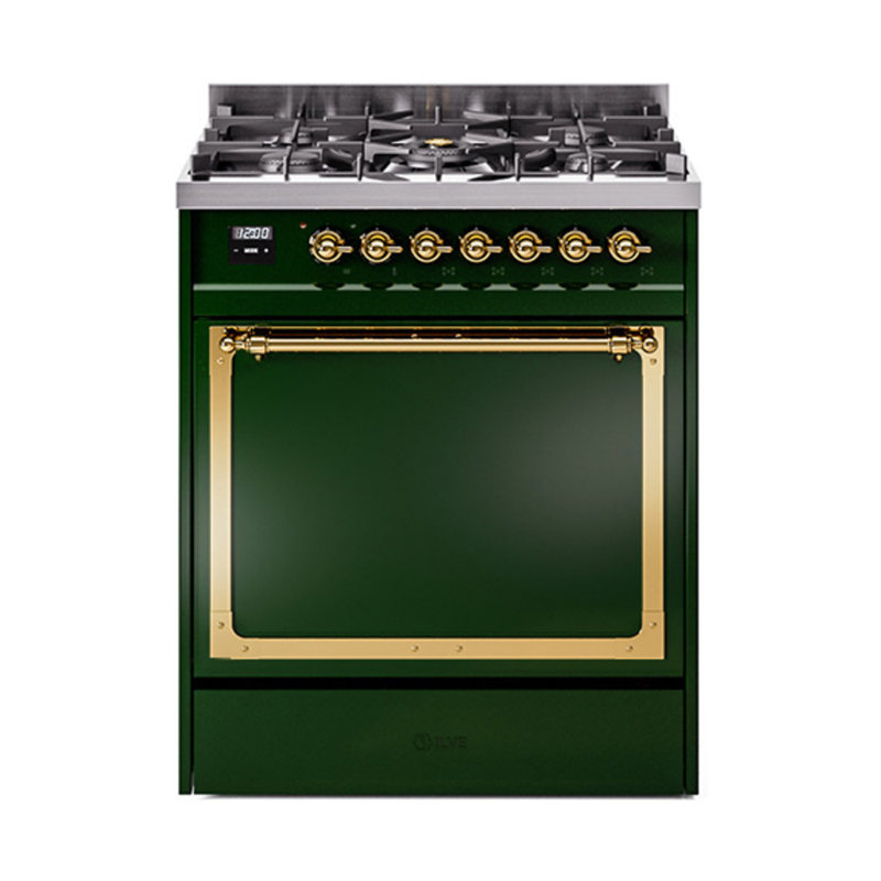 ILVE Nostalgie II Noblesse 30 in Dual Fuel Range, Emerald Green/Brass, Liquid Propane
