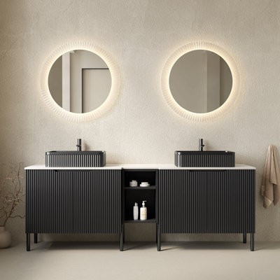 Meuble-lavabo double autoportant 72 po avec lavabos 72 po, 2 armoires de rangement rayées 30 po + tablette ouverte amovible 12 po, 2 vasques rectangulaires rayées noires avec comptoir blanc de Carrare, noir