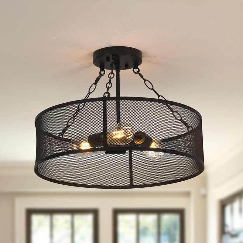 3-Light Matte Black Drum Farmhouse Semi-Flush Mount