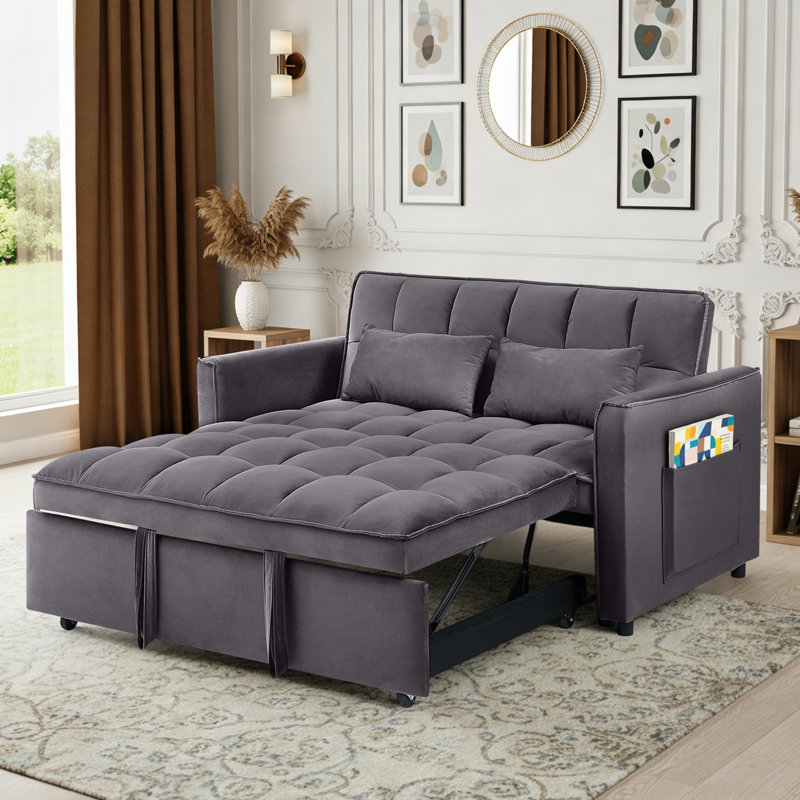 3-in-1 Convertible Velvet Sleeper Loveseat Sofa Bed, Pull Out Couch with Adjustable Backrest, Throw Pillows & Side Storage Pockets for Living Room Bedroom Apartment