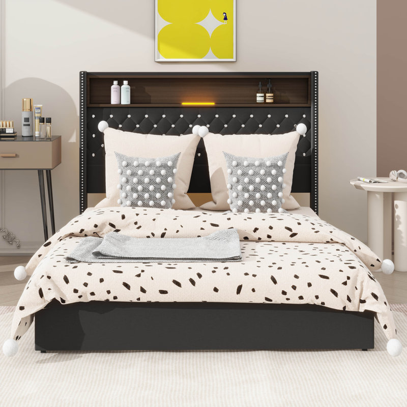 Structure de lit grand et moelleux en velours capitonné, avec USB et veilleuse, lit plateforme à oreilles avec rangement intégré pour la tête de lit