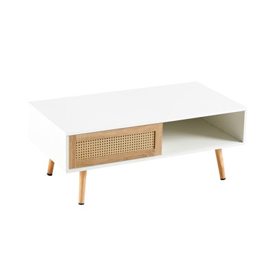 Modern White Coffee Table With Solid Wood Legs, Sliding Door For Versatile Living Space And Legs Room