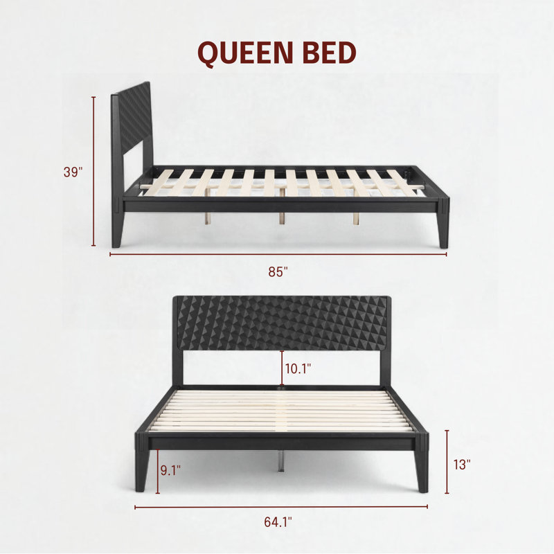  Sapa Solid Wood Bed Frame with 3D Carved Headboard, Japanese Joinery, No Box Spring Needed, Silent slats, Easy Assembly