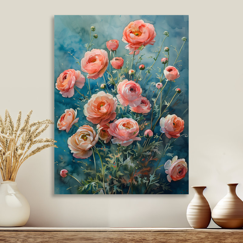 Rose et bleu printemps symphonie Renoncule II - Renoncule, reproduction d'art mural, Métal métal, H 12 po x l 20 po